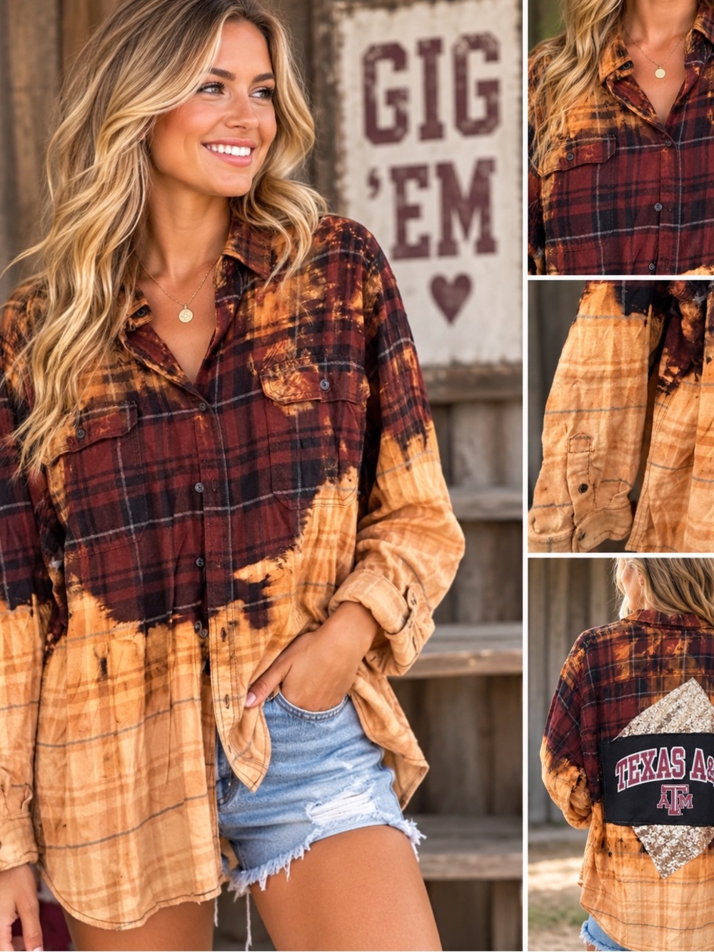 Texas A&M Upcycled Women's Bleached Plaid Flannel Sequins on Back - Rust & Tan